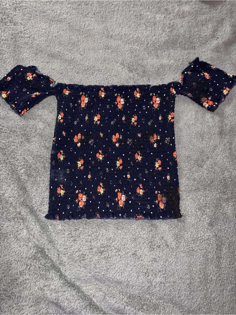 Off-Shoulder Smocked Floral Crop Top - Navy with Orange Flowers